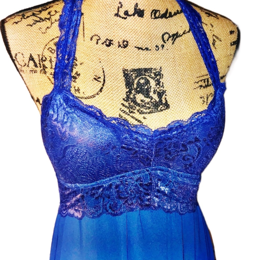 Royal Cobalt Blue Lace Chiffon Double Slit Maxi Dress - Picture 3 of 10